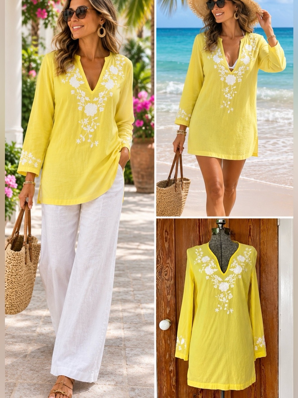 Boden 100% Cotton Yellow Floral Embroidered Tunic Top Cover Up Sz 8 💛🍄